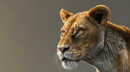 A close up of a lioness's face. The lioness is looking to the right of the frame with her eyes wide open.