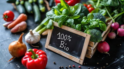 Fresh assortment of bio vegetables with 100% bio sign on blackboard among produce.