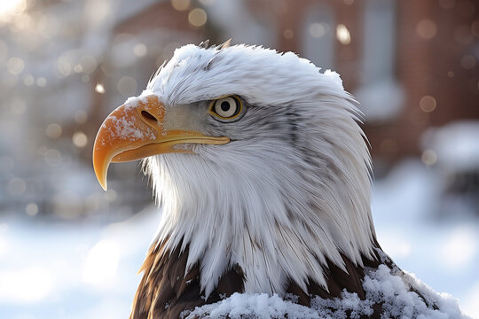 Majestic bald eagle in a snowy winter setting. Generative AI image