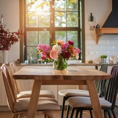 Fototapeta na wymiar the charm of a sunlit kitchen, where a wooden table adorned with vibrant flowers takes center stage 