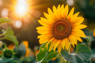 A close-up shot of a vibrant yellow sunflower, its petals illuminated by the morning sun.