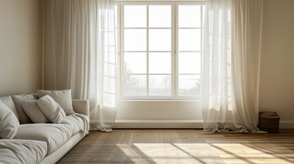 A large living room with a white couch and a window. The room is very bright and airy, with a lot of natural light coming in through the window