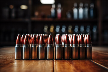 Bullets in a row on a wooden table. Shallow depth of field