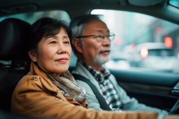 Senior couple enjoying a car ride together. Generative AI image
