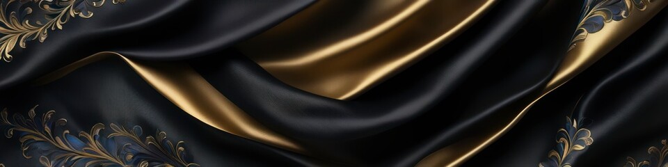 Black panoramic silk fabric background with blurred satin wavy texture, embellished with gold embroidery.	