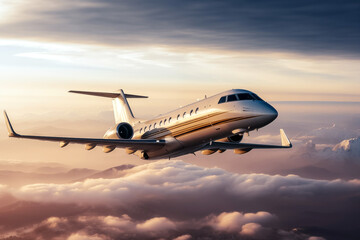 Business jet flying above the clouds, toned image, copy space