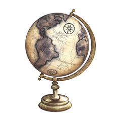 Vintage globe. Hand-drawn watercolor illustration of a vintage model of the earth on a wooden stand. Isolate. Drawing of a retro card in ochre tones for science or education. For an icon or logo.