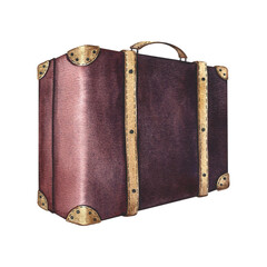 A vintage suitcase. Hand-drawn watercolor illustration of vintage luggage. Isolate. The drawing of the retro card is in dark red and purple. For banners, flyers, posters. For postcards and tickets.