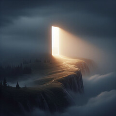 A surreal landscape featuring a giant glowing door on a cliff, set in a misty atmosphere with a winding path leading to the door.
