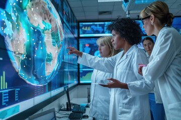 Diverse group of female scientists analyzing global data on a large screen in a high-tech control room.