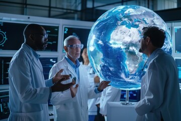 Team of diverse scientists discussing over a holographic display of the Earth in a modern laboratory.