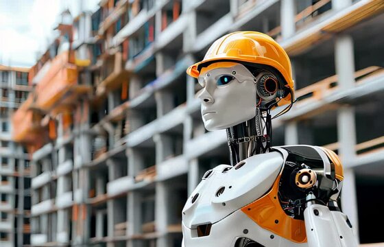 slow motion video of Robot with safety hardhat standing on Construction site with building on background