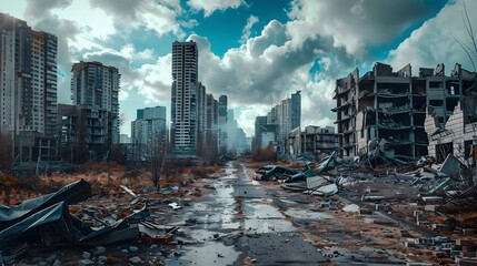 Post apocalyptic city background. Destroyed buildings, cracked road Generative AI