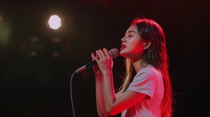 Side view of a young woman dressed casually holding a microphone while singing with closed eyes against a black background.