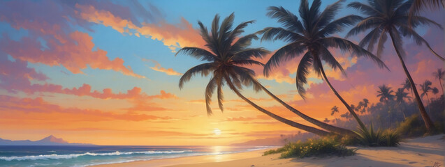Fototapeta na wymiar Coastal Sunset Dreams, Immerse Yourself in the Tranquil Beauty of a Sunset Beach Scene with Palm Trees Swaying in the Breeze.