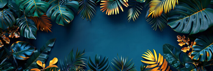 Banner, Exotic Tropical Leaves on Dark Backdrop