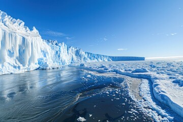 Vast glacier melting into the ocean with clear blue skies, highlighting the effects of climate change.