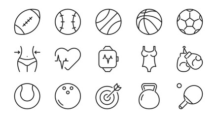Fitness and sports equipment line icons. Active healthy lifestyle, self-care, gym sign or symbol. Isolated on a white background. Pixel perfect. Editable stroke. 64x64.