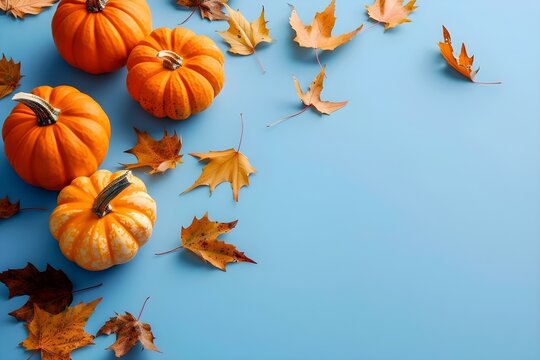 Thanksgiving theme with pumpkins falling leaves and copy space on blue background. Concept Thanksgiving Decor, Pumpkin Patch, Autumn Leaves, Copy Space, Blue Background
