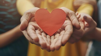 Hands holding a red paper heart. Conceptual image of love and charity. Design for valentine's day card, donation drive, and health care awareness