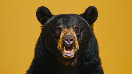 Create a vivid studio portrait capturing the essence of a black bear, set against a striking yellow backdrop, showcasing its natural beauty
