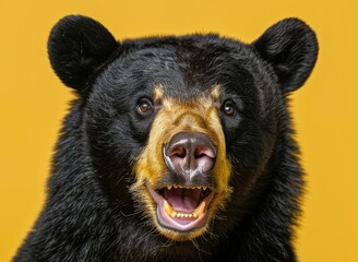 Illustrate the majesty of nature through studio photography, featuring a sharply focused black bear against a bold yellow backdrop, embodying the essence of wildlife in vivid color - obrazy, fototapety, plakaty