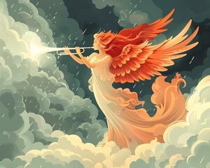 Divine Judgment , Solemn angel blowing a trumpet against a stormy, gray backdrop