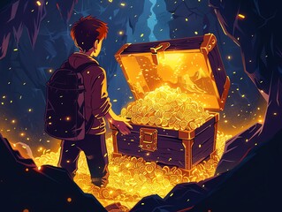 Greed , Person clutching a chest of gold in a dark, cavernous room with golden highlights - obrazy, fototapety, plakaty
