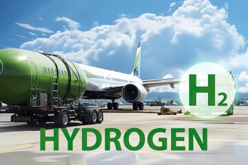 Airplane and hydrogen tank trailer in airport. New Fuel Energy, Sustainability Concept. H2 Hydrogen Aircraft,