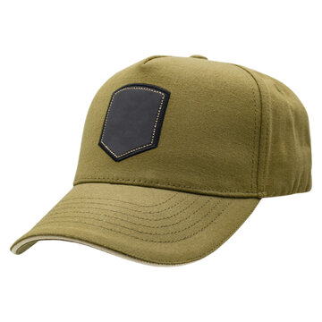 Khaki baseball cap with black patch for your logo. Mockup. A blank for the work of a designer. Isolate on a white background. Accessory for athletes, baseball players, bikers, rockers.