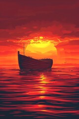 Sunset on the Ark , Sun setting behind the ark, casting a golden glow over calm waters