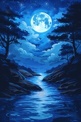 A beautiful painting of a full moon rising over a river. The moon is reflecting in the water, and the trees are silhouetted against the sky.