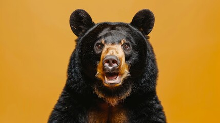 Capture the essence of wildlife with a studio portrait showcasing a black bear against a vibrant yellow backdrop - obrazy, fototapety, plakaty