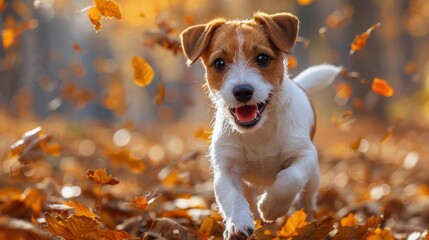 Brown and White Dog Running Through Leaves
