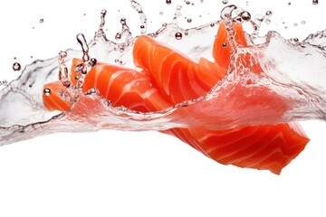 Photo of flying salmons sashimi seafood red white background - obrazy, fototapety, plakaty