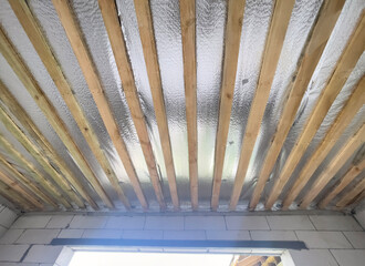 Construction stage lined ceiling wood .