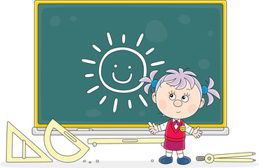 Funny little schoolgirl drawing a cute sun with a chalk on a class blackboard at recess in a primary school, vector cartoon illustration on a white background