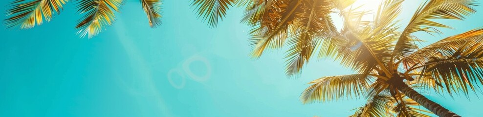 Fototapeta premium Palm trees against clear blue sky, banner with copy space area on the right side, sunlight, tropical summer background Generative AI