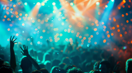 Many hands raised at an open air concert. People having fun on the dance floor in neon color. Fun,...