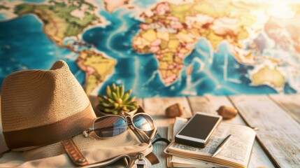Summer travel essentials with hat, sunglasses, and book on map background. Flat lay composition with place for text. Vacation planning and tourism concept