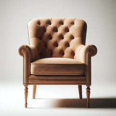 An elegant brown leather armchair with a tufted backrest and wooden legs, isolated on a light background, showcasing timeless sophistication and classic design.