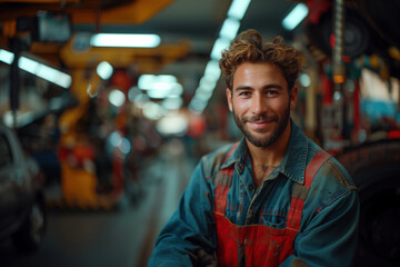 Naklejka premium portrait of a smiling male mechanic in auto repair shop