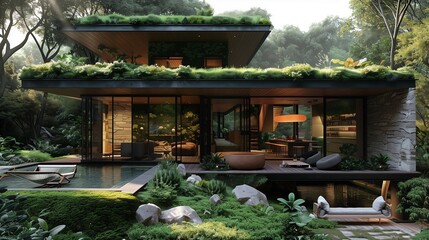 Eco-Friendly Hillside Retreat with Seamless Indoor-Outdoor Living, generative ai