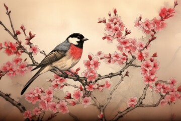 Obraz premium Ukiyo-e art bird cherry blossom outdoors nature flower