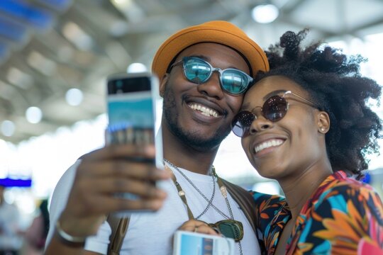 A cheerful African American couple taking a selfie in an airport terminal.