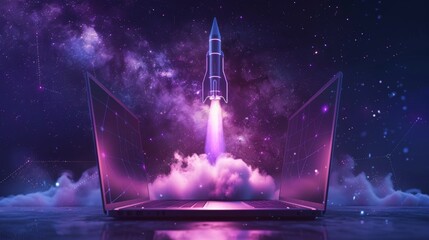 Illustration of a space rocket launching from a computer screen with a starry sky background
