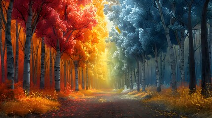 a realm of enchantment and wonder as you behold a row of vibrant, colorful trees painted in the mesmerizing hues of the forest rainbow spectrum