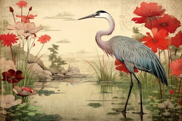Ukiyo-e art lotus pond outdoors painting animal