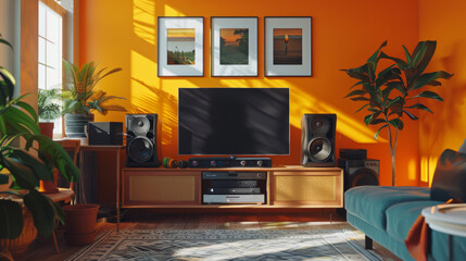 A wooden bedside table with a large TV and speakers against the background of an orange bright...