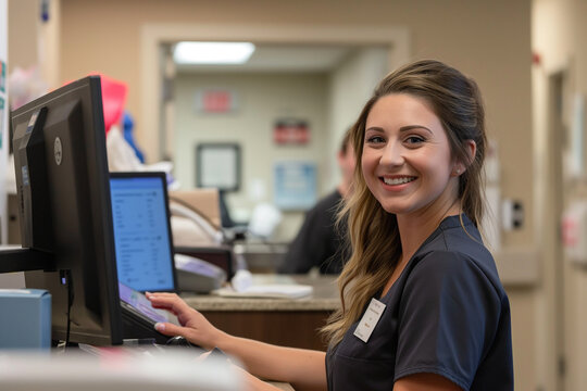 A nurse stationed at the reception desk in the waiting room, efficiently managing patient check-ins and appointments, with a welcoming smile and helpful demeanor, ensuring a smooth